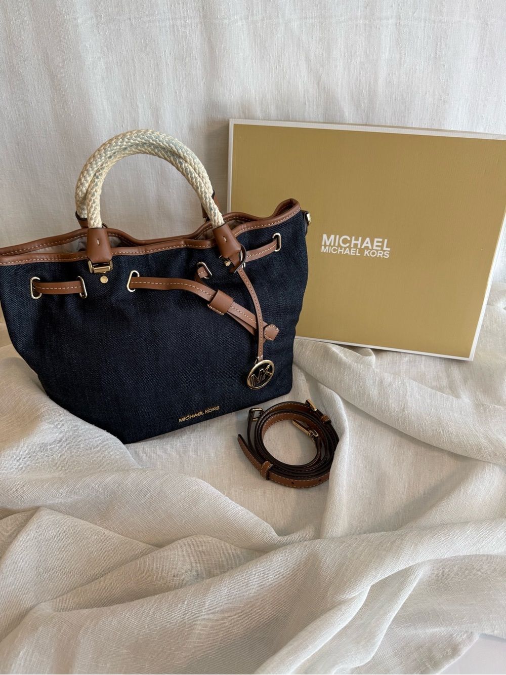 Michael Kors Black Denim Tote with Brown Trim and Rope Handles